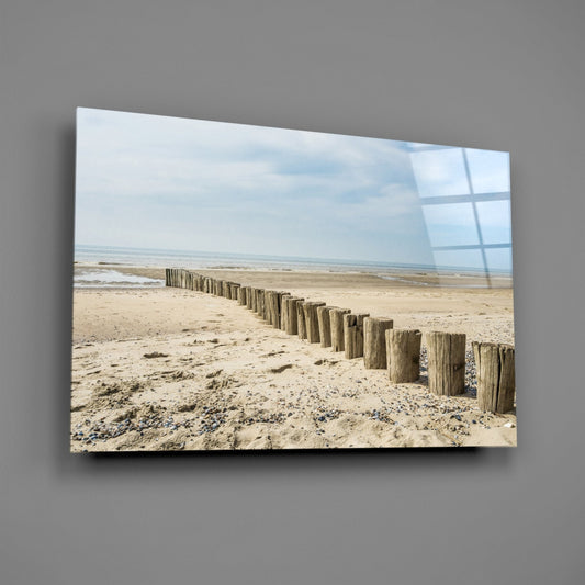 Weathered Wooden Posts Breakwater Beach Glass Wall Art