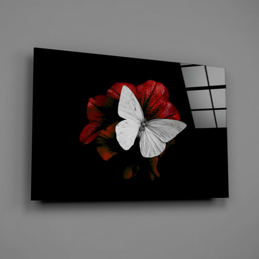 White Butterfly on Red Bloom Glass Wall Art