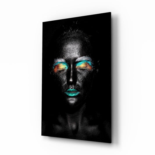 Teal Orange Eyeshadow Woman Glass Wall Art