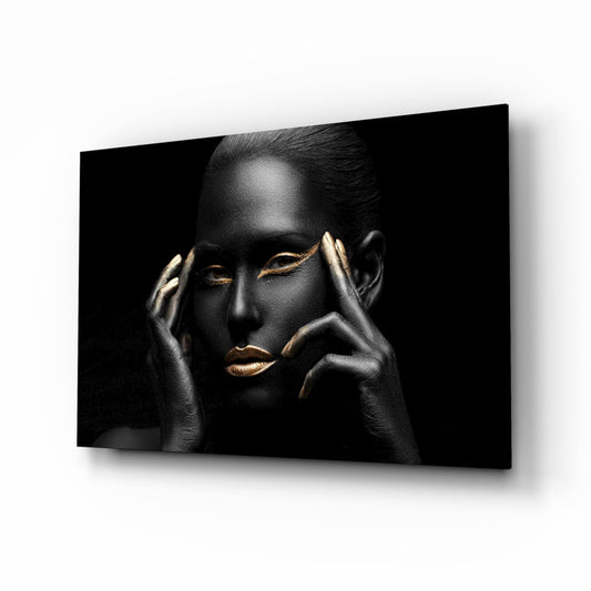 Gold Lips Framing Hands Woman Glass Wall Art