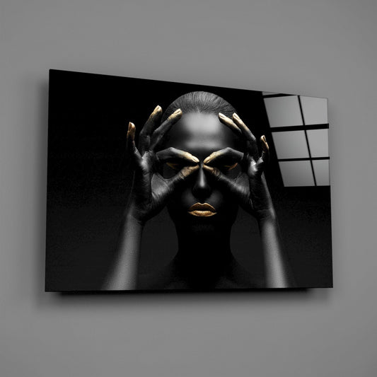 Gold Fingertips Over Eyes Woman Glass Wall Art