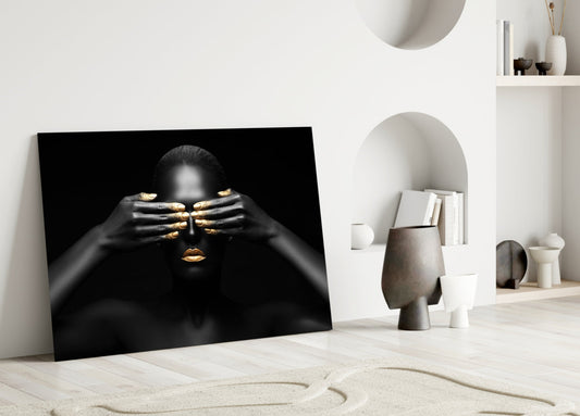 Gold Manicure Hidden Eyes Woman Glass Wall Art