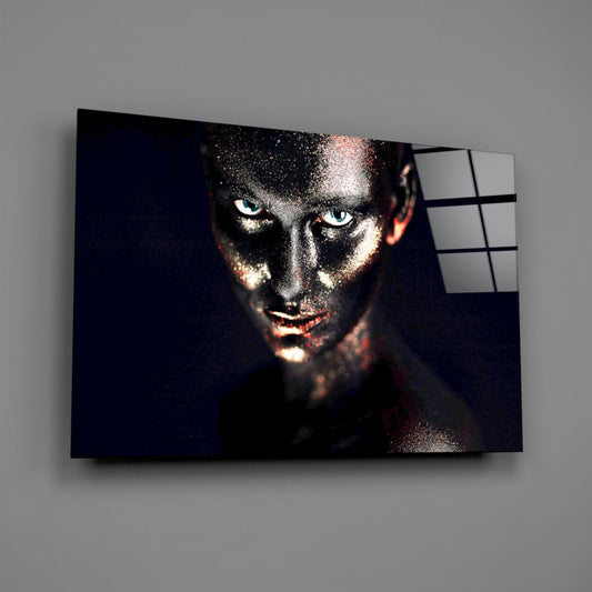 Blue Eyes Glitter Face Woman Glass Wall Art