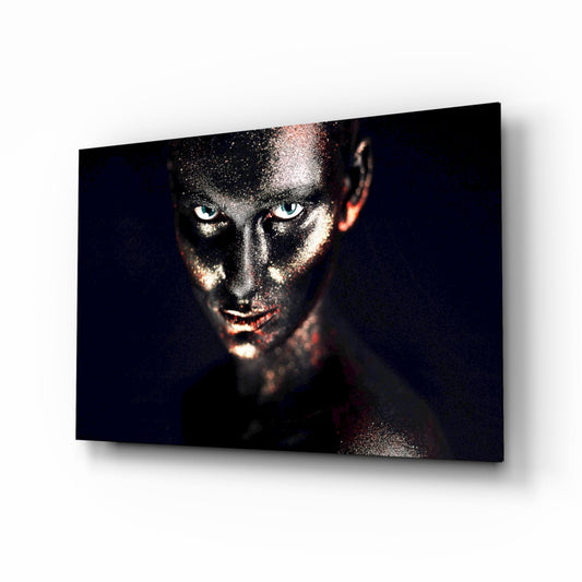 Blue Eyes Glitter Face Woman Glass Wall Art