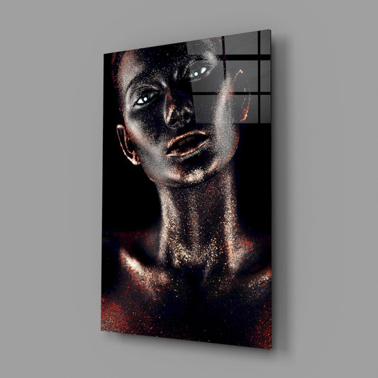 Copper Glitter Blue Eyes Woman Glass Wall Art