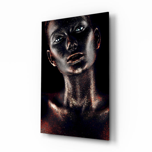Copper Glitter Blue Eyes Woman Glass Wall Art