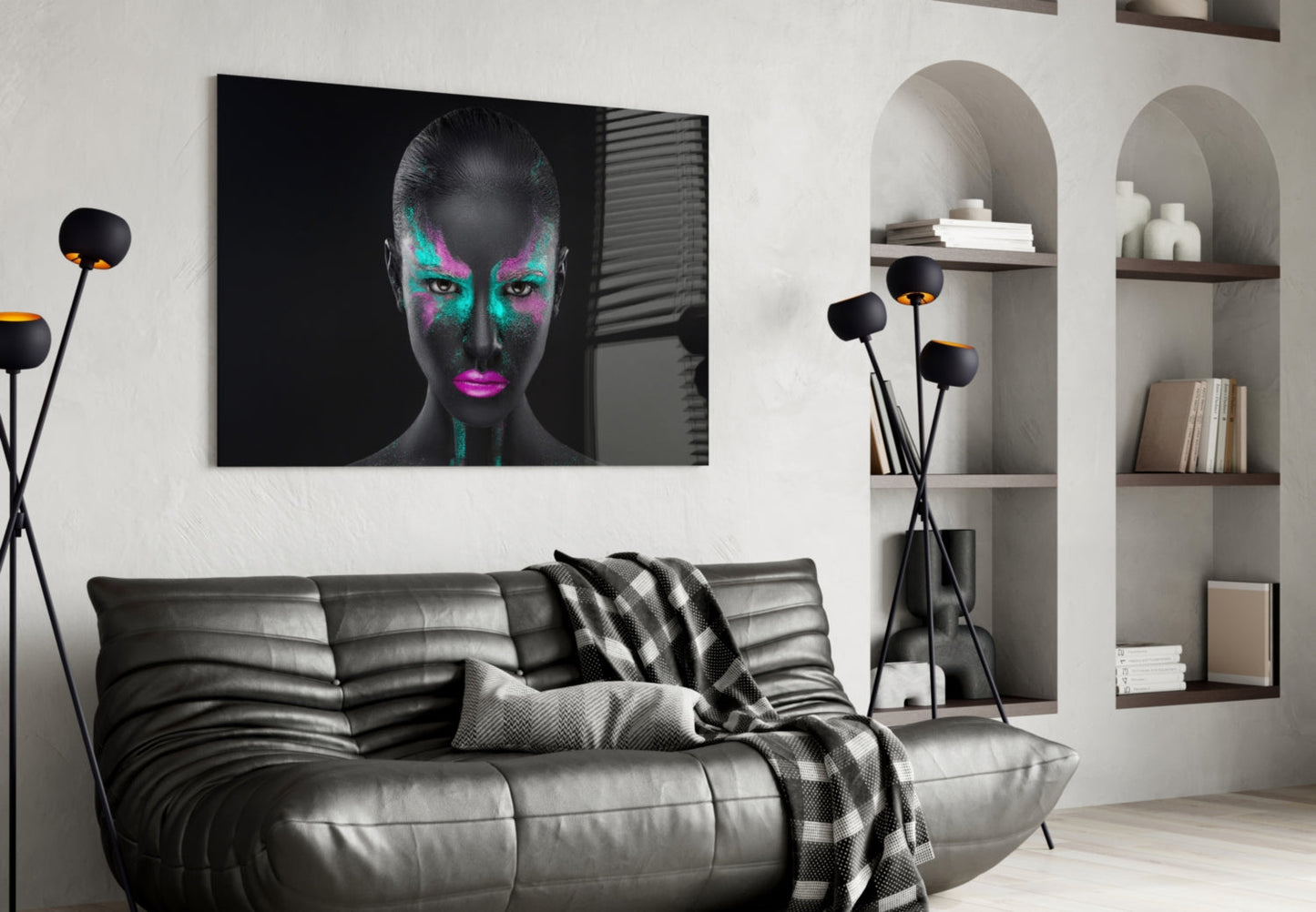 Magenta Teal Powder Face Woman Glass Wall Art