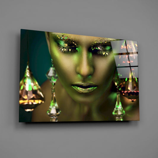 Green Skin Crystal Drops Woman Glass Wall Art