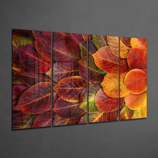 Crimson Fallen Autumn Leaf Pile 4 Pieces Mega Glass Wall Art