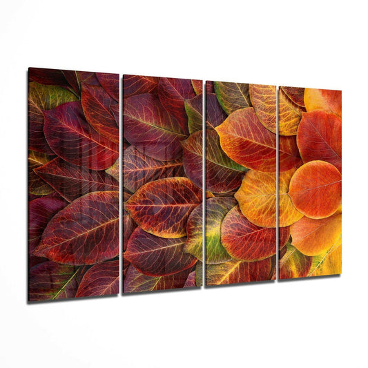 Crimson Fallen Autumn Leaf Pile 4 Pieces Mega Glass Wall Art