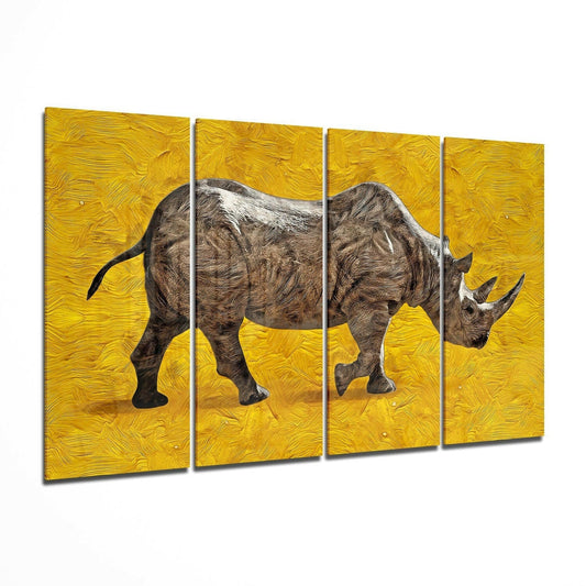 Walking Rhino on Golden Yellow 4 Pieces Mega Glass Wall Art