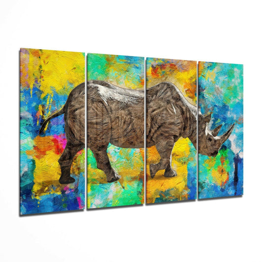 Rhino on Multicolor Paint Strokes 4 Pieces Mega Glass Wall Art