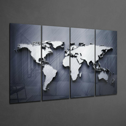 Embossed 3D World Map Blue Glass Wall Art