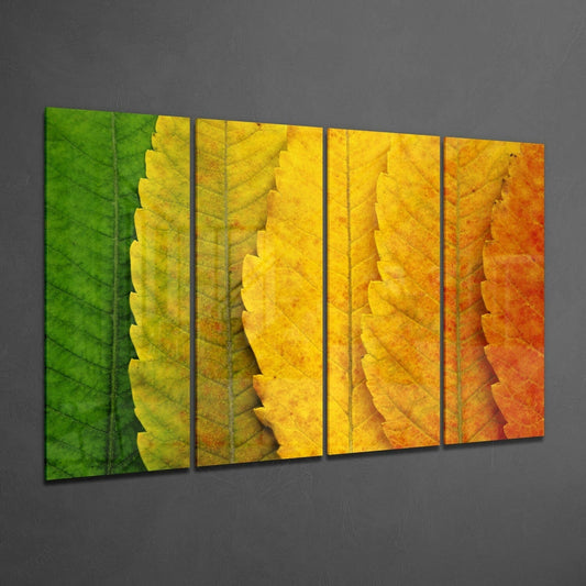 Green to Amber Gradient Leaves 4 Pieces Mega Glass Wall Art