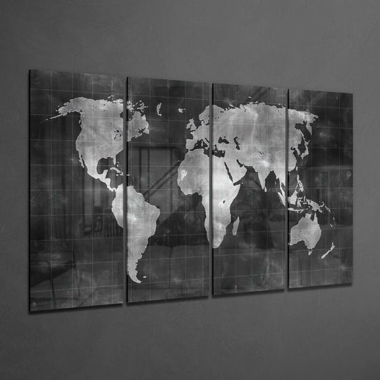 Chalkboard Silver World Map Glass Wall Art