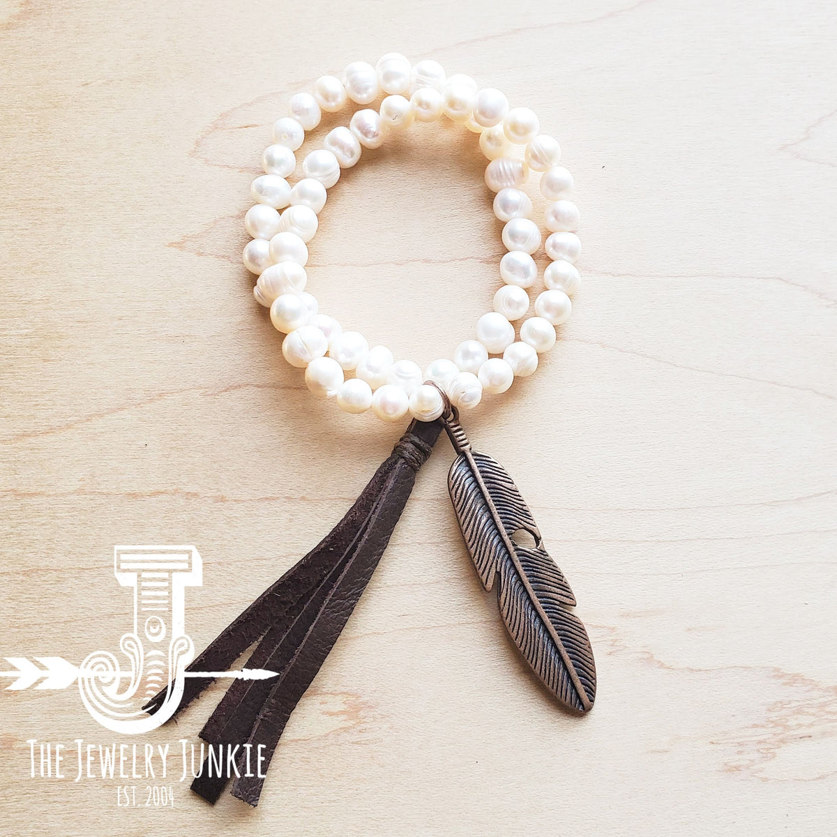 Double Strand GENUINE PEARL Bracelet With COPPER FEATHER 052d
