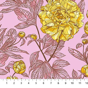 Pink With Yellow Rose Indelible by Anna Maria for Northcott Cotton Wideback Fabric per yard