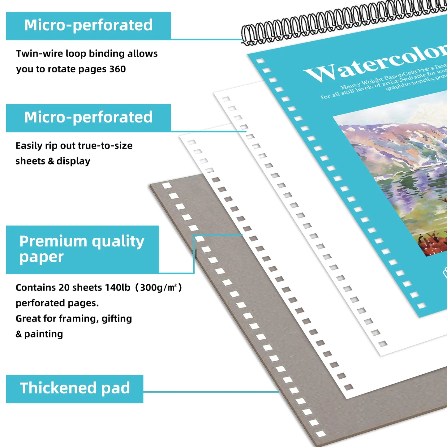12 Sheets 2 PCS Watercolor Sketchbook 14.81 x 21.01 cm, Cold Press Paper (63.5KG/300gsm) Spiral Bound