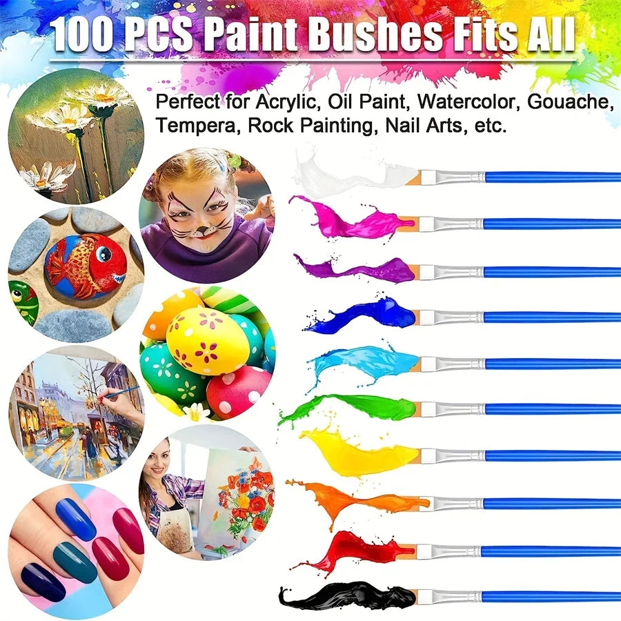 20–200 PCS Paint Brush Set – Round & Flat Nylon Hair Brushes for Oil, Acrylic & Watercolor Painting