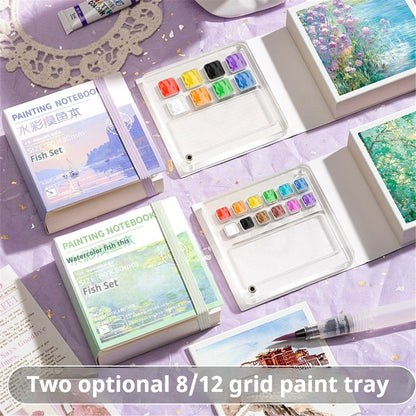 Portable Mini Watercolor Sketchbook with Paint Tray - 50 Sheets, Medium Thick Paper, Ideal for On-the-Go (Paint Not Included)