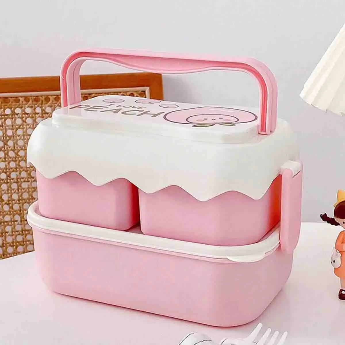 Double-Layer Fruit Lunch Box, Household Tableware Outdoors Portable Bento Box with Spork And Spoon