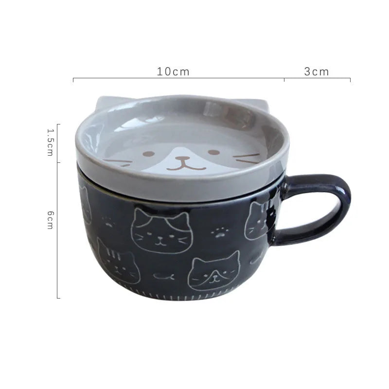 Japanese Cartoon Cat With Cover Coffee Cup, Cute Breakfast Cup With Lid