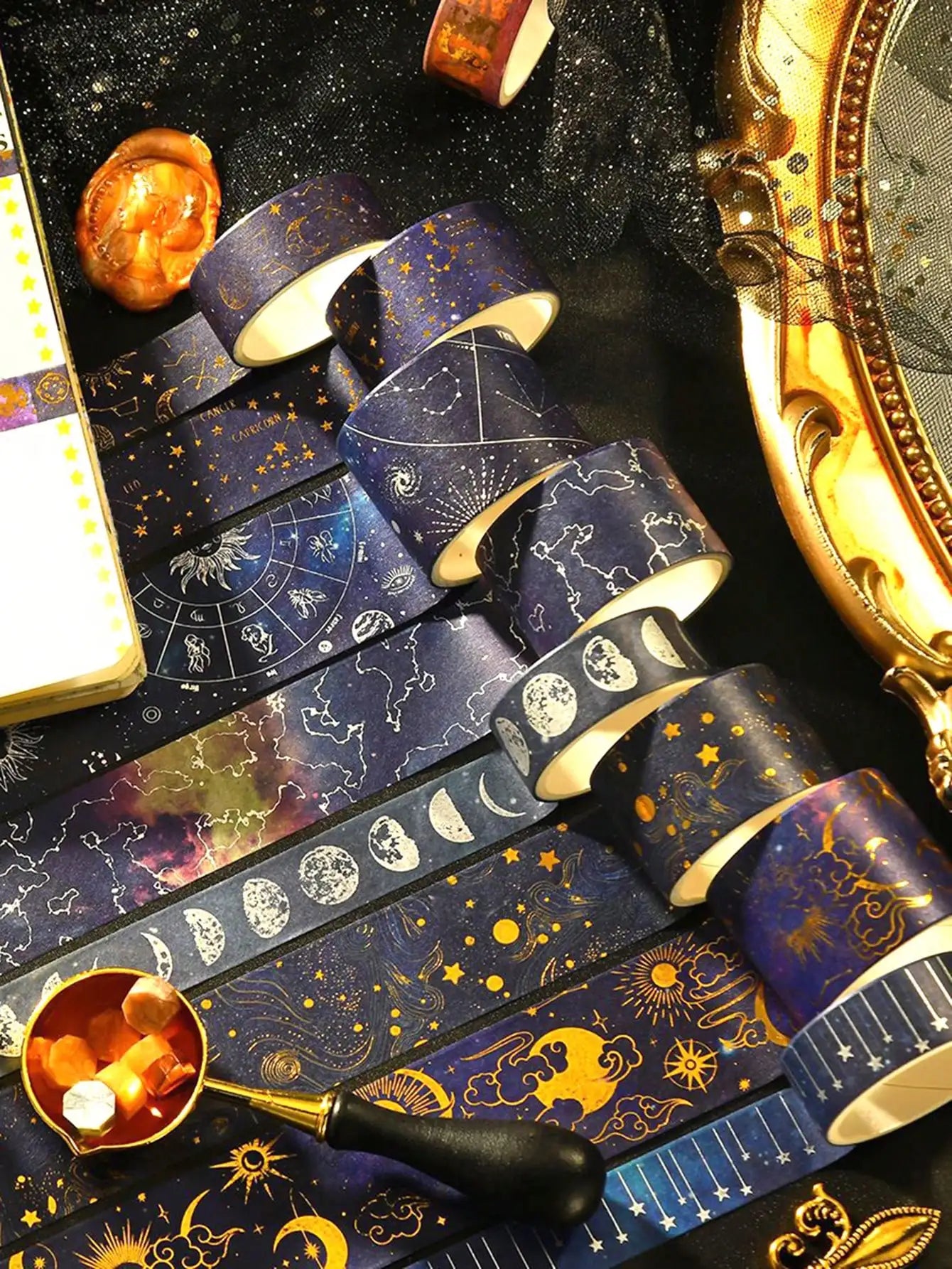 20 Rolls Galaxy Washi Tape Set – Starry Sky & Planet Designs with Gold & Silver Foil Design for Scrapbooking, Journals & DIY Crafts