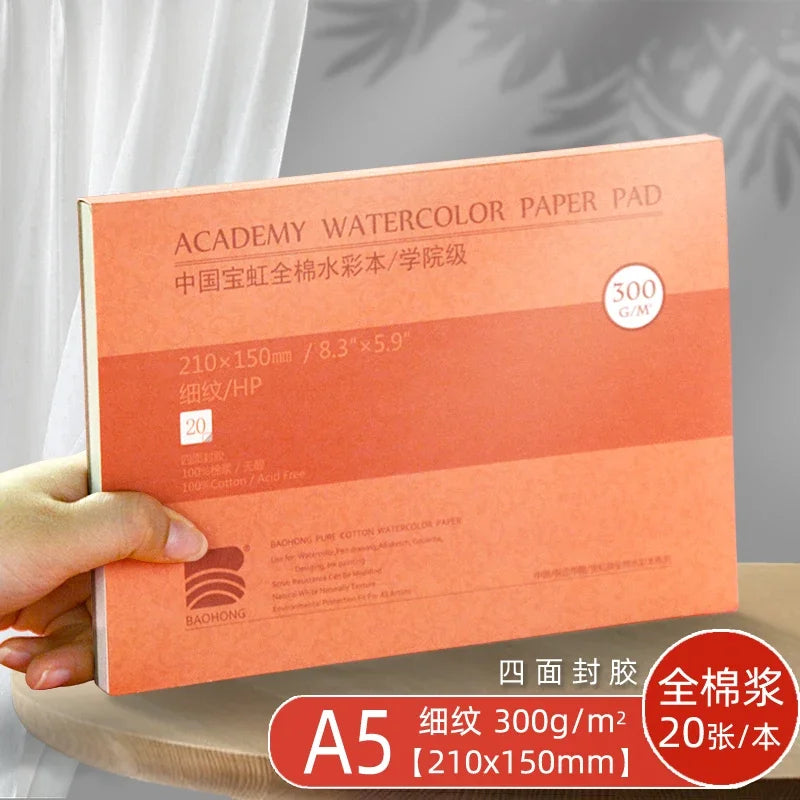 Premium Watercolor Paper Block – 20 Sheets, 300 GSM (140 LB) Acid-Free, Glue Bound for Wet & Dry Media