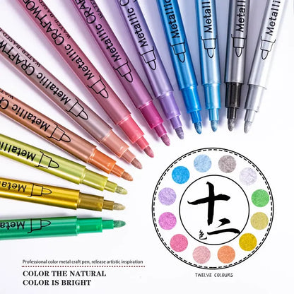 12 Colors Metallic Markers Pens Silver Gold Paint Pens for Black Paper, Glass, Rock Painting