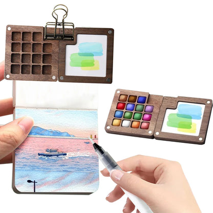 Travel Paint Palette Mini Watercolor Palette Set with Clip Portable Watercolor Set Wooden Grid Box