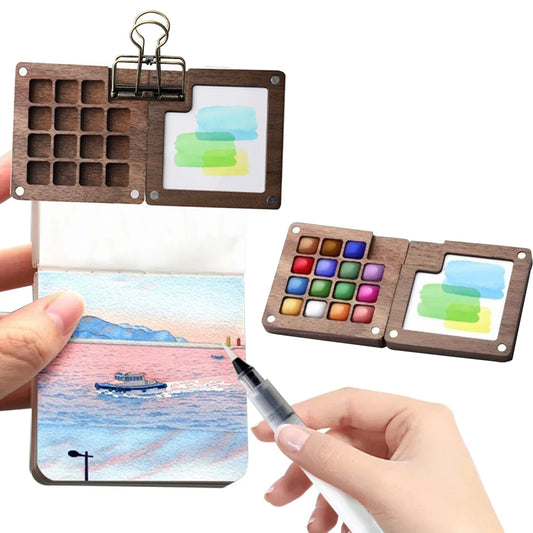 Travel Paint Palette Mini Watercolor Palette Set with Clip Portable Watercolor Set Wooden Grid Box