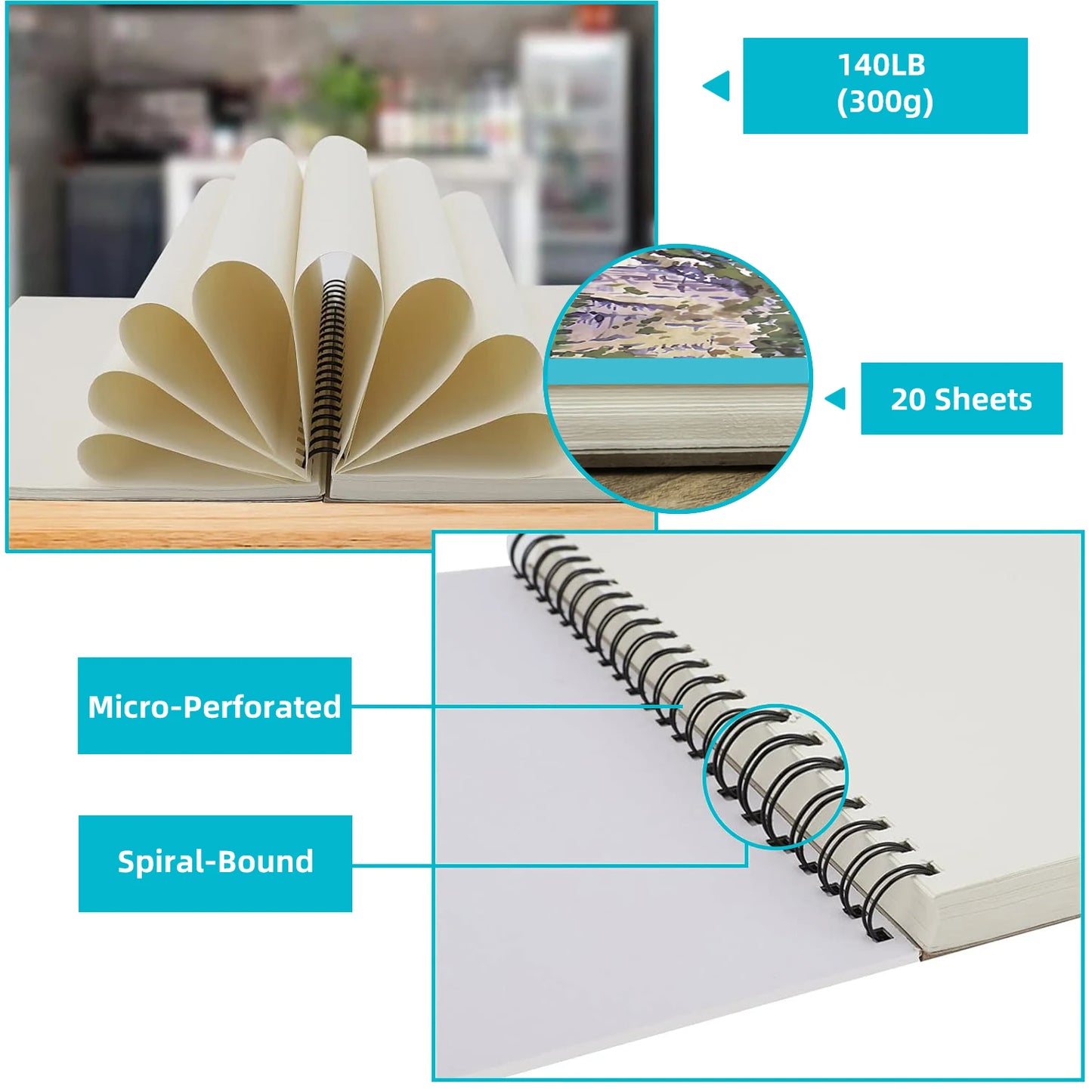12 Sheets 2 PCS Watercolor Sketchbook 14.81 x 21.01 cm, Cold Press Paper (63.5KG/300gsm) Spiral Bound