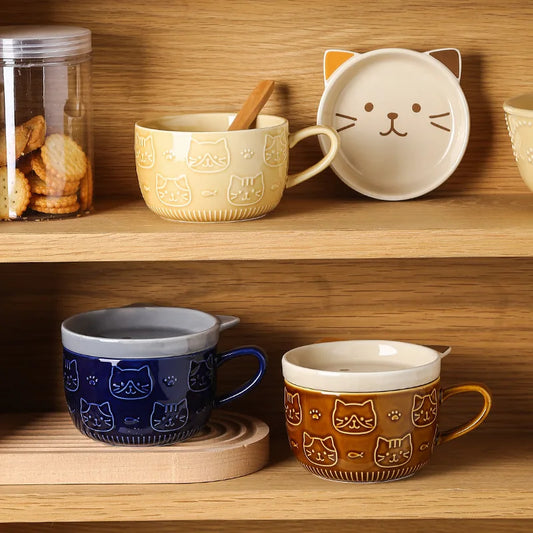 Japanese Cartoon Cat With Cover Coffee Cup, Cute Breakfast Cup With Lid
