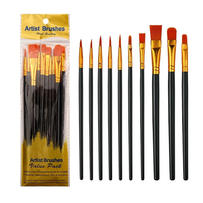 10-Piece Watercolor Brush Set – Multi-Functional Nylon Hair Brushes for Gouache, Oil & Acrylic Painting