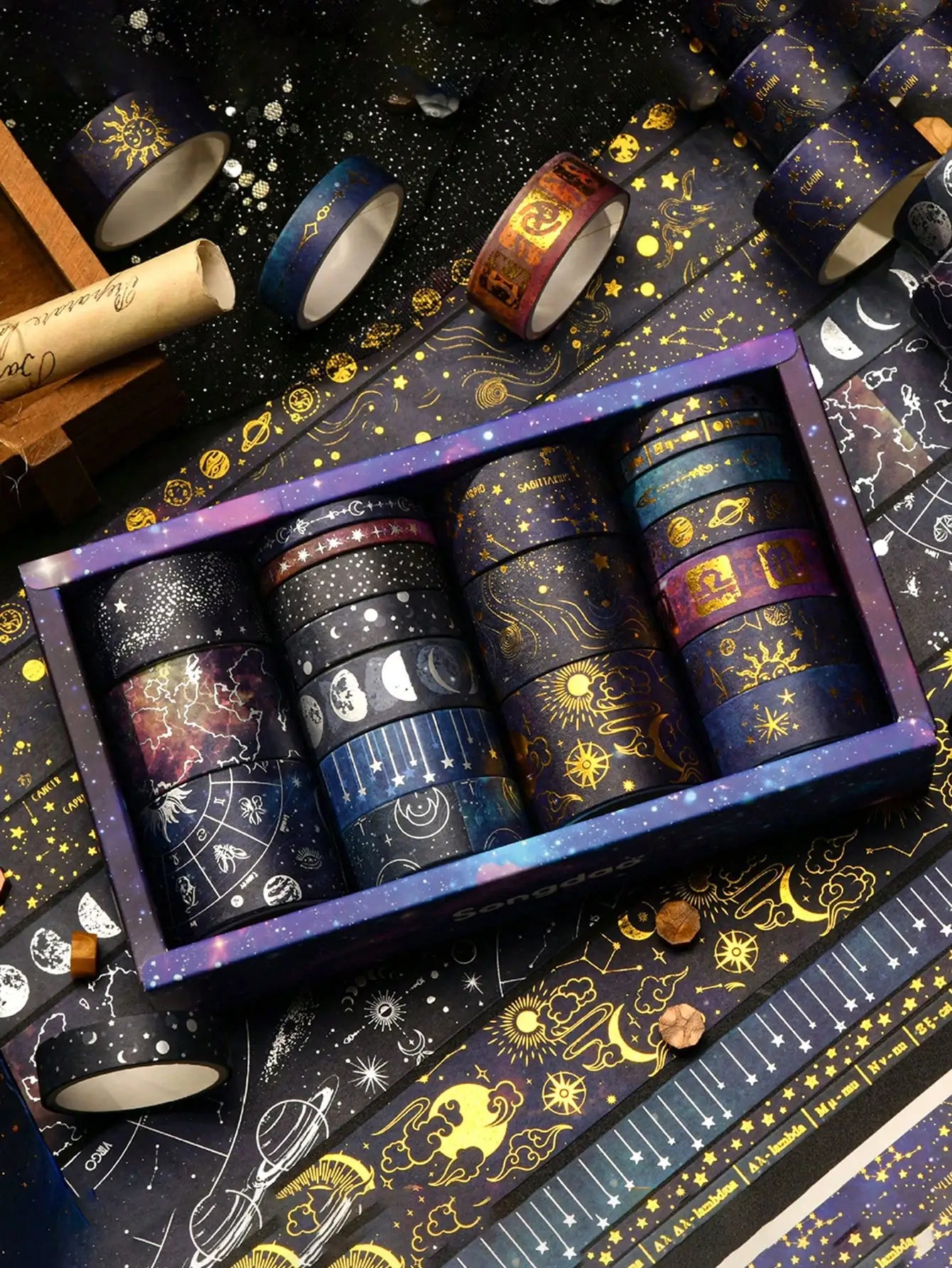 20 Rolls Galaxy Washi Tape Set – Starry Sky & Planet Designs with Gold & Silver Foil Design for Scrapbooking, Journals & DIY Crafts