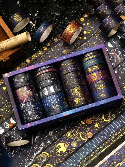 20 Rolls Galaxy Washi Tape Set – Starry Sky & Planet Designs with Gold & Silver Foil Design for Scrapbooking, Journals & DIY Crafts