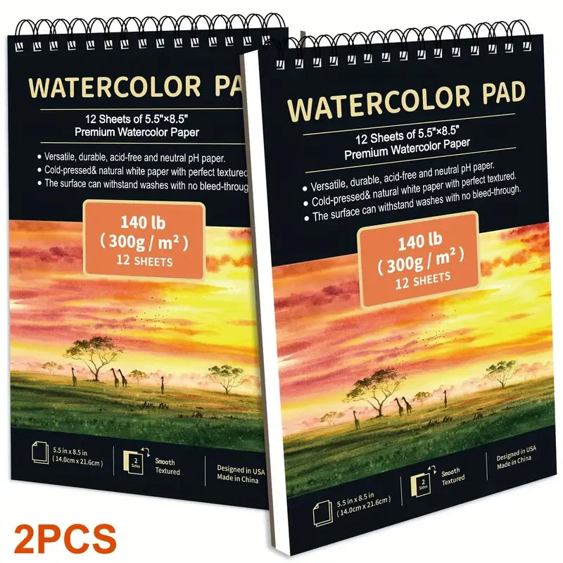12 Sheets 2 PCS Watercolor Sketchbook 14.81 x 21.01 cm, Cold Press Paper (63.5KG/300gsm) Spiral Bound