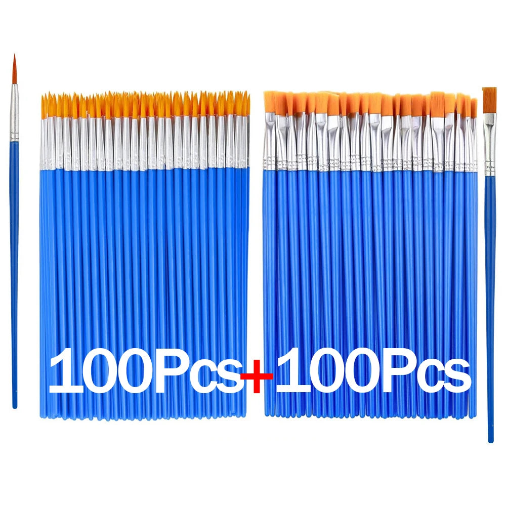 20–200 PCS Paint Brush Set – Round & Flat Nylon Hair Brushes for Oil, Acrylic & Watercolor Painting