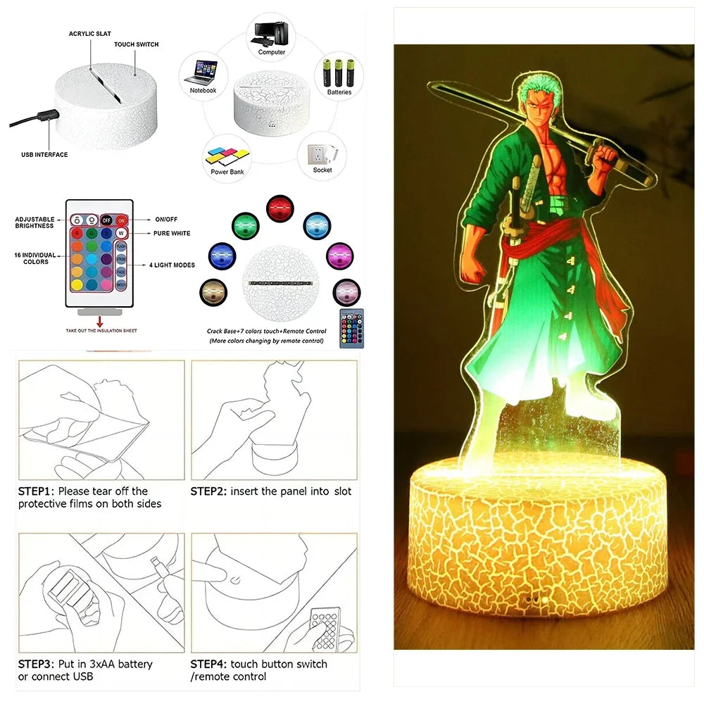 One Piece Anime Figures 3D Lamp PVC Action Collection Model Toys LED Night Light