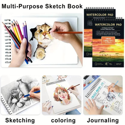 12 Sheets 2 PCS Watercolor Sketchbook 14.81 x 21.01 cm, Cold Press Paper (63.5KG/300gsm) Spiral Bound