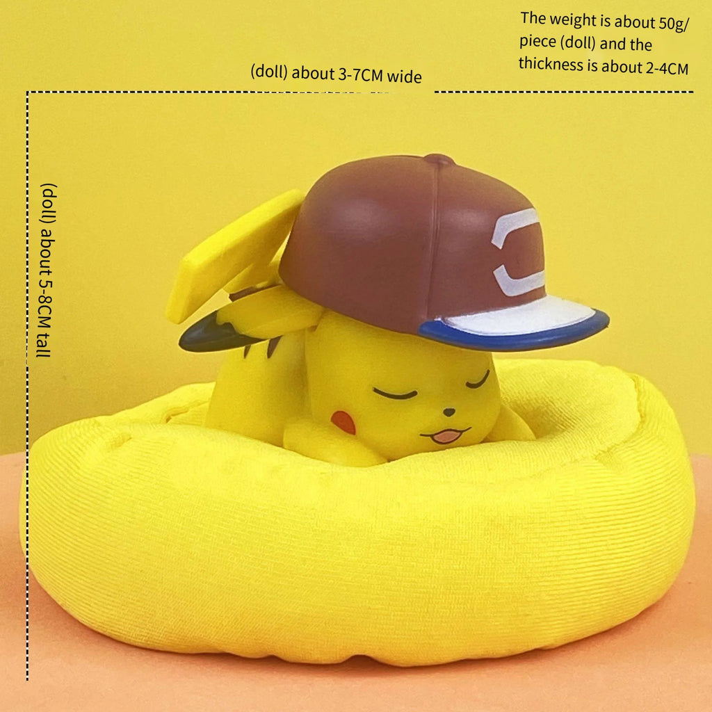 Mini Pokemon Anime Figurines, Sleeping Bean Bag Pikachu Bulbasaur Snorlax Evee Jirachi Komala 6pc Figure Set