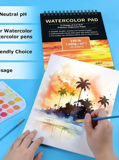 12 Sheets 2 PCS Watercolor Sketchbook 14.81 x 21.01 cm, Cold Press Paper (63.5KG/300gsm) Spiral Bound