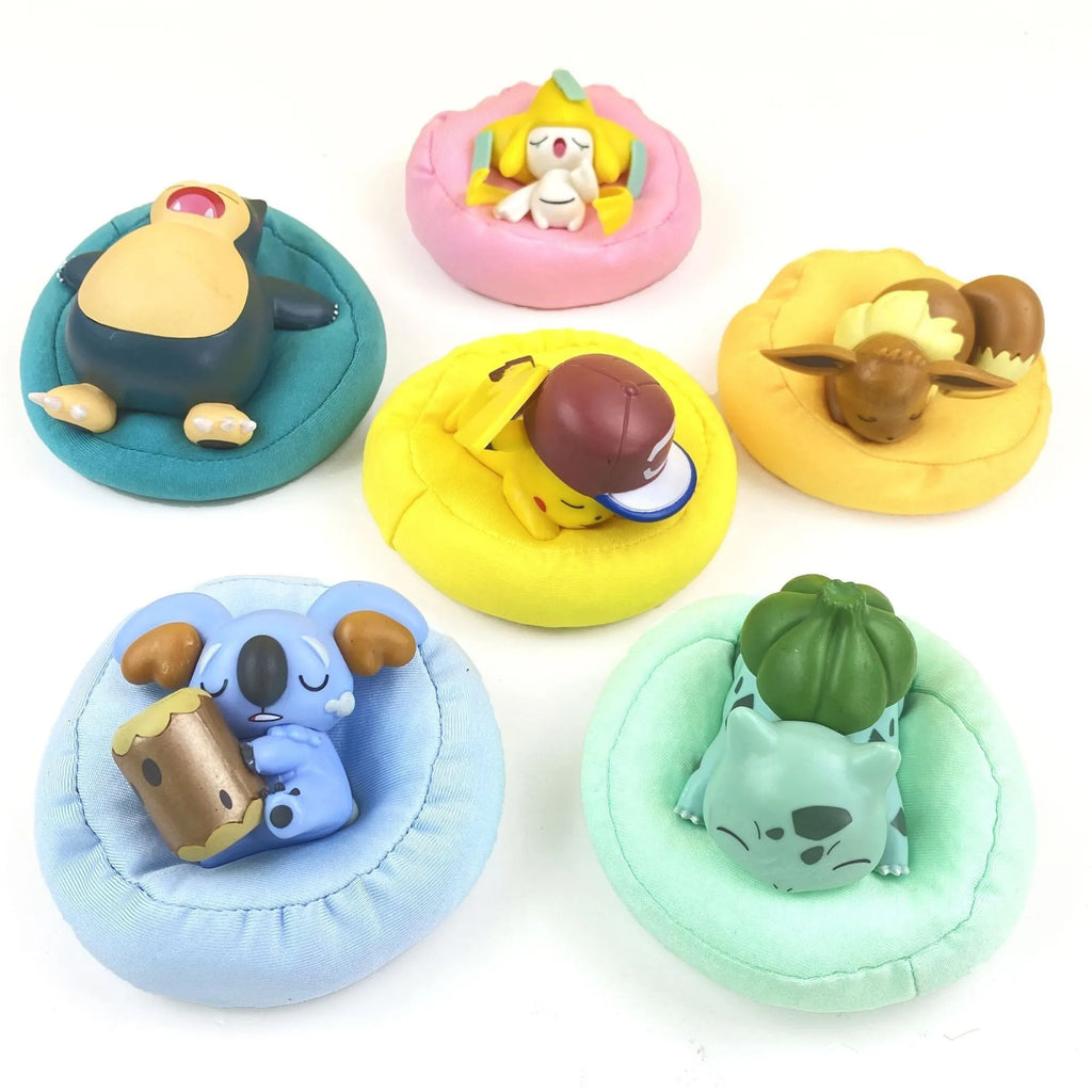 Mini Pokemon Anime Figurines, Sleeping Bean Bag Pikachu Bulbasaur Snorlax Evee Jirachi Komala 6pc Figure Set
