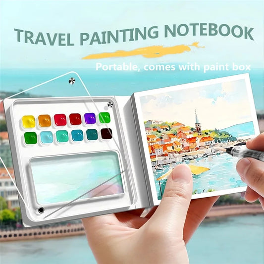 Portable Mini Watercolor Sketchbook with Paint Tray - 50 Sheets, Medium Thick Paper, Ideal for On-the-Go (Paint Not Included)