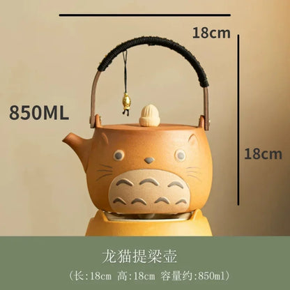 My Neighbor Totoro Ceramic Teapot Teacups Set, Anime Studio Ghibli Cute Cat Rough Pottery Cooking Teapot Tea Table Accessories