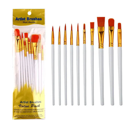 10-Piece Watercolor Brush Set – Multi-Functional Nylon Hair Brushes for Gouache, Oil & Acrylic Painting