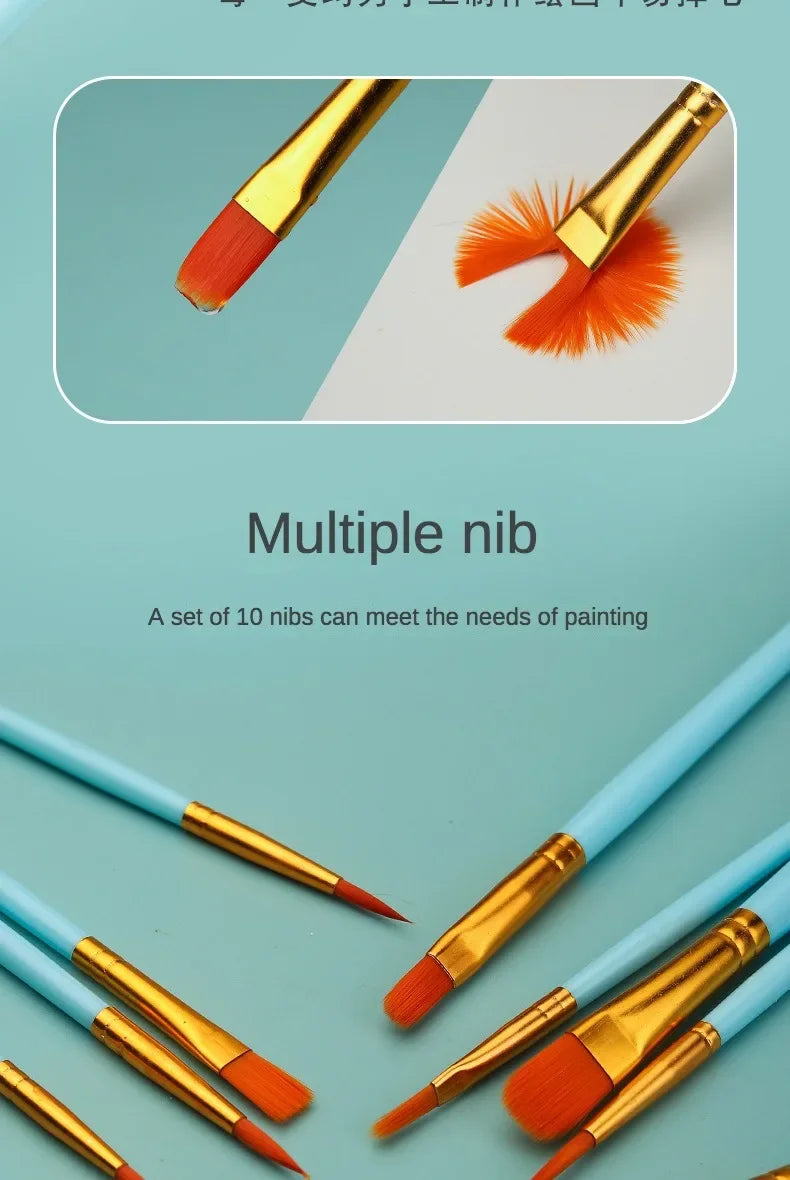 10-Piece Watercolor Brush Set – Multi-Functional Nylon Hair Brushes for Gouache, Oil & Acrylic Painting