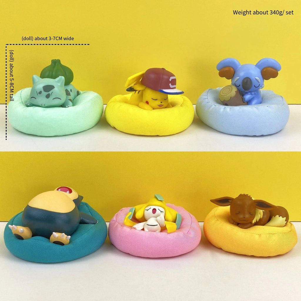 Mini Pokemon Anime Figurines, Sleeping Bean Bag Pikachu Bulbasaur Snorlax Evee Jirachi Komala 6pc Figure Set