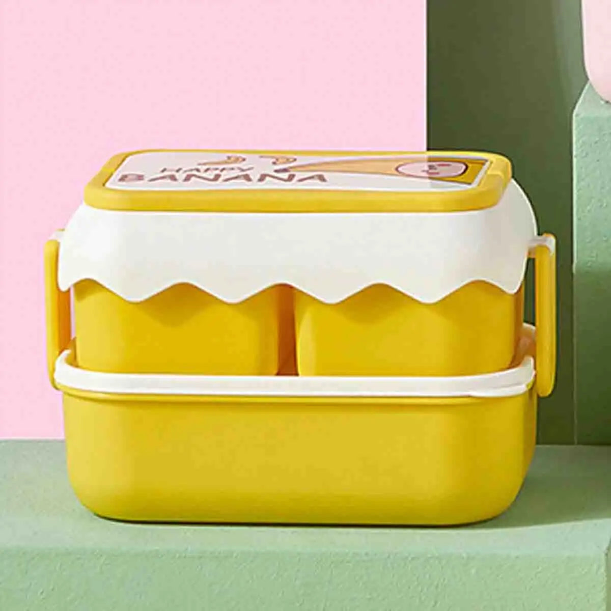 Double-Layer Fruit Lunch Box, Household Tableware Outdoors Portable Bento Box with Spork And Spoon