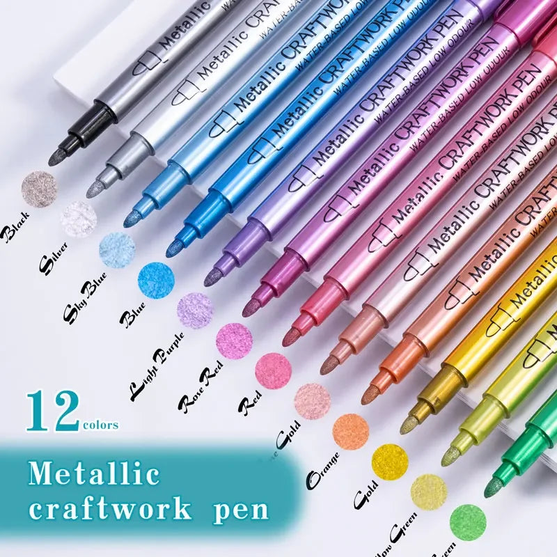 12 Colors Metallic Markers Pens Silver Gold Paint Pens for Black Paper, Glass, Rock Painting